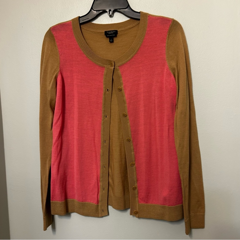 Talbots‎ Women's S Pure Merino Wool Color Block Button Up Cardigan tan pink EUC - Picture 2 of 8